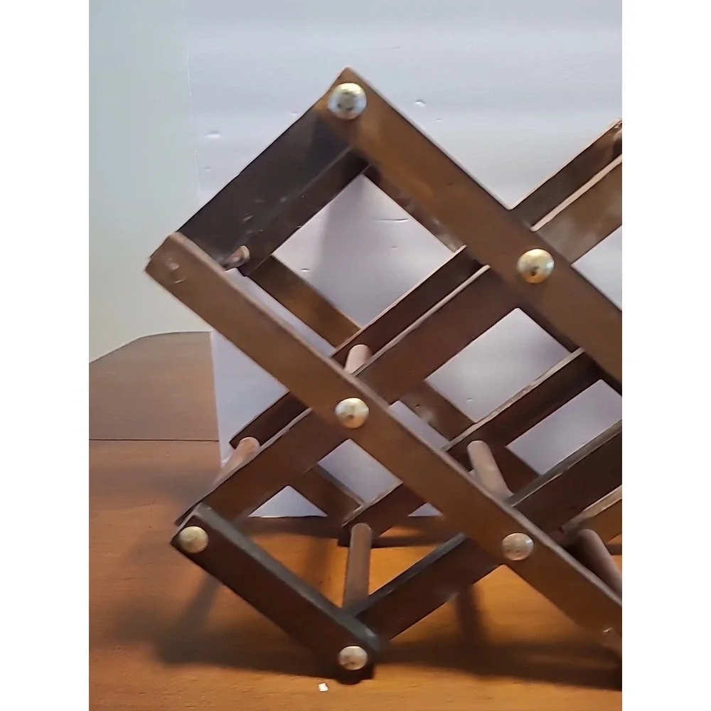 Vintage Wooden‎ Accordion Folding Wine Rack With Decorative Brass Studs